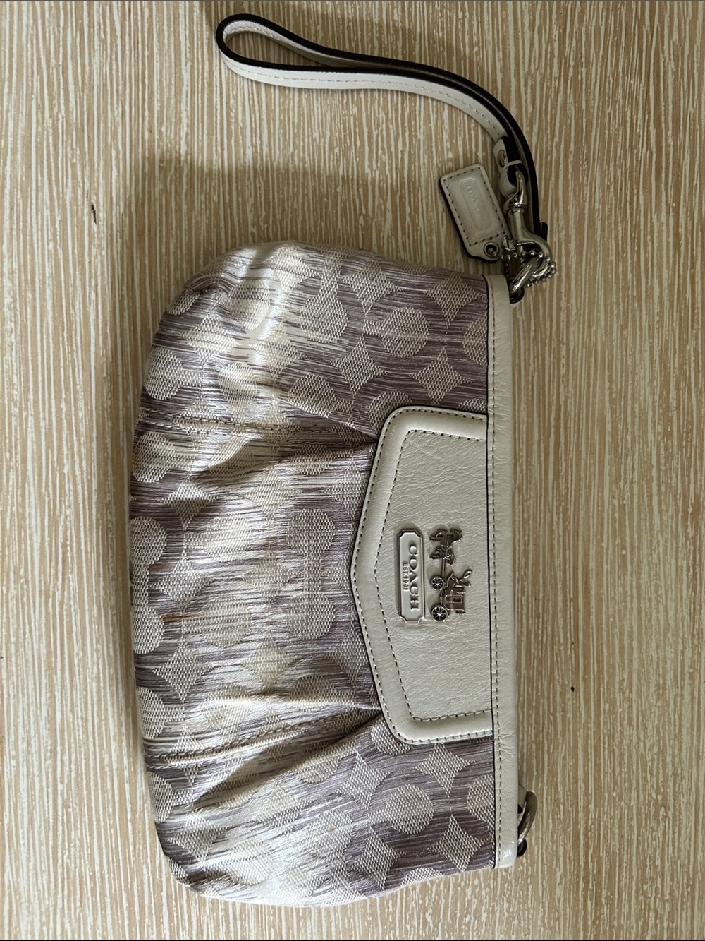 Coach Silver Metallic Signature Wristlet with White Trim
